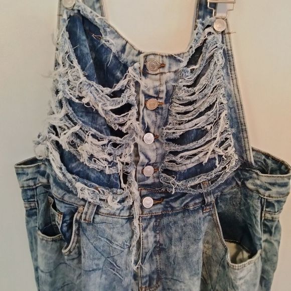 Thrill Extremely Distressed Blue Denim Overalls Size 22 - Picture 5 of 9